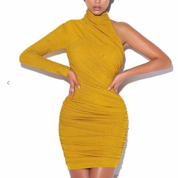 Miss Circle | Gold One Sleeve Spring Dress - Picture 1 of 2